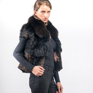 Dark Brown Frost Fox Fur Vest with Astrakhan Detail – Textured Real Fur Elegance