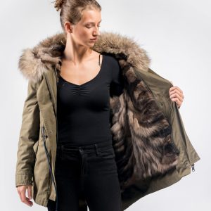 Refined Khaki Parka with Authentic Sable Fur Trim