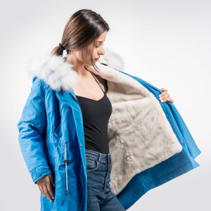 Soft Blue Parka with White Velvet Mink Fur – Premium Natural Fur Warmth