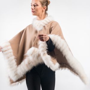Chic Luxury Beige Cape with Shadow Fox Trim – Timeless Real Fur Style