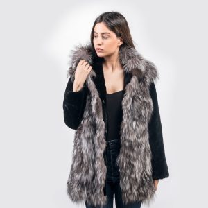 Luxuriöse Arzante Fuchs Pelz Jacke mit Kapuze und schwarzen Nerz Ärmeln - Unverwechselbare Pelz Handwerkskunst