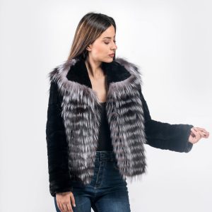 Arzante Fuchs Pelz Jacke mit Schwarzem Schafsnerz Ärmel - Raffinierter Kontrast