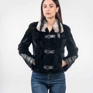 Samt Nerz Pelzjacke mit Leder und Rex Rabbit Kragen