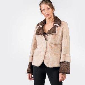 Beige Nerz Pelzjacke mit Braunem Swakara Besatz