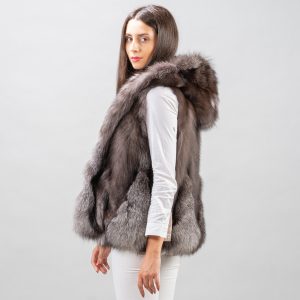 Winter Whisper Hooded Frost Fox Fur Vest – Chic Frosted Sophistication