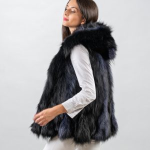 Navy Luxe Hooded Fox Fur Vest – Bold Dark Blue Authentic Fur