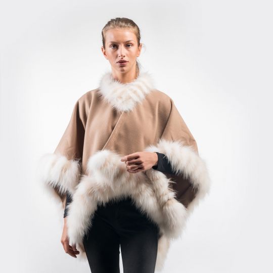 Luxury Beige Cape with Shadow Fox Trim