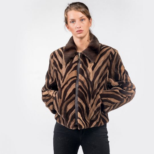 Zip Up Beige Brown Mink Fur Jacket