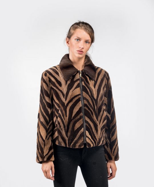 Zip Up Beige Brown Mink Fur Jacket