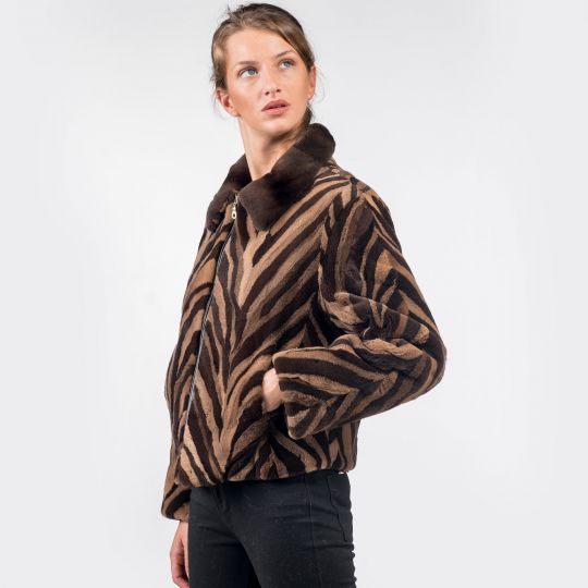 Zip Up Beige Brown Mink Fur Jacket