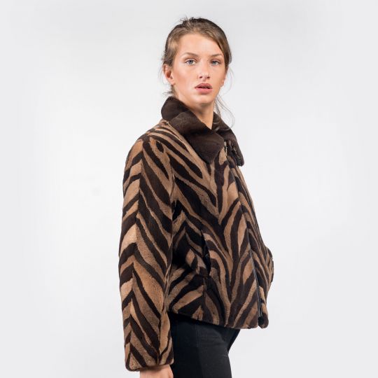 Zip Up Beige Brown Mink Fur Jacket