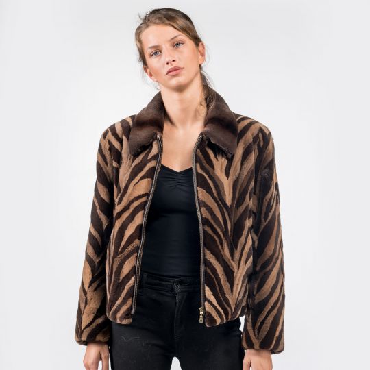 Zip Up Beige Brown Mink Fur Jacket