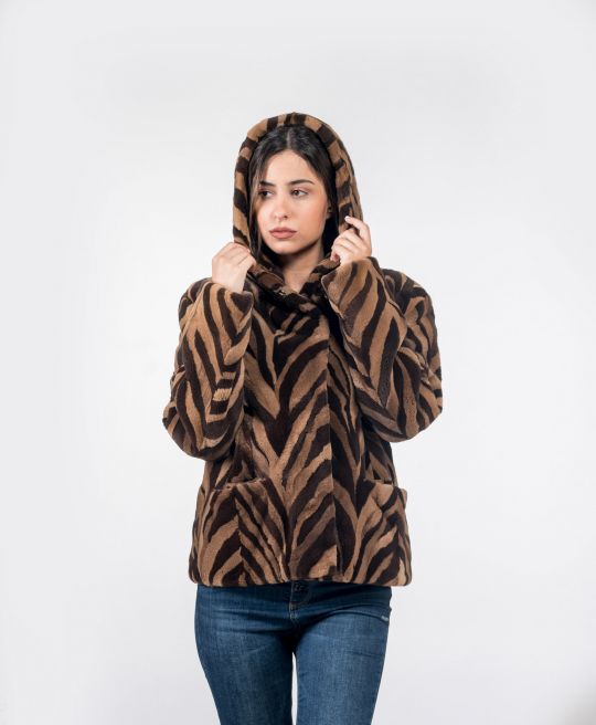 Hooded Beige Brown Mink Fur Jacket