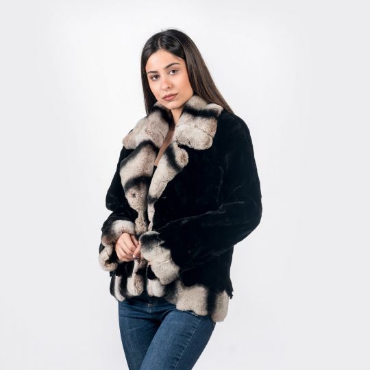 Schwarze Samt Nerz Pelzjacke mit Rex Rabbit Besatz