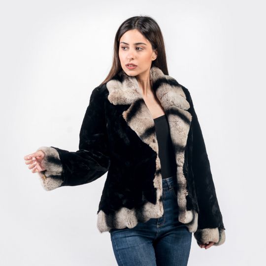 Schwarze Samt Nerz Pelzjacke mit Rex Rabbit Besatz