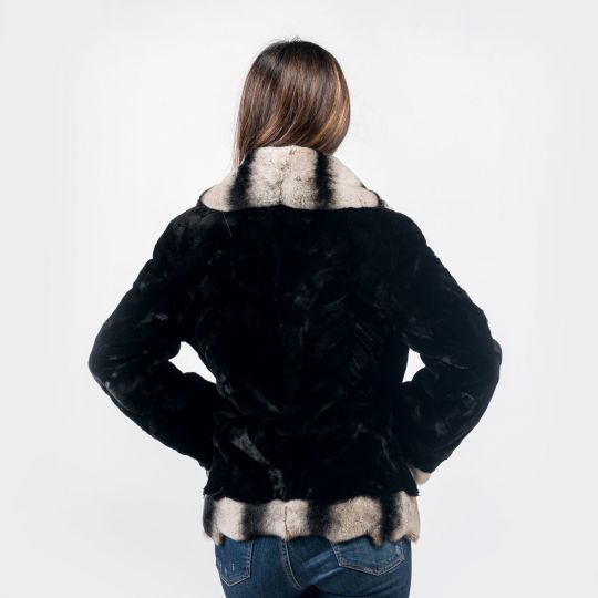 Schwarze Samt Nerz Pelzjacke mit Rex Rabbit Besatz