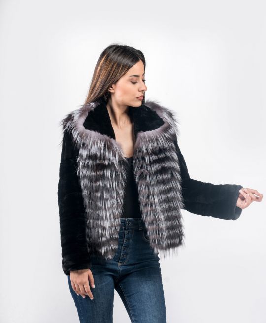 Silber Fuchsfell Pelzjacke mit Schwarzen Samt Nerz Ärmeln