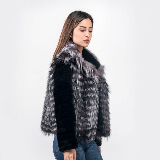 Silber Fuchsfell Pelzjacke mit Schwarzen Samt Nerz Ärmeln