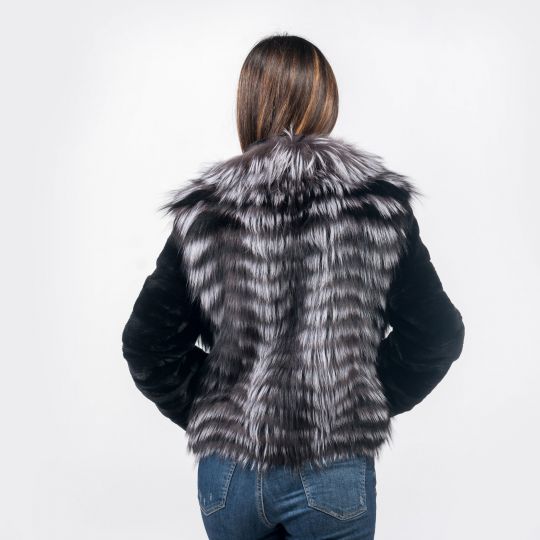 Silber Fuchsfell Pelzjacke mit Schwarzen Samt Nerz Ärmeln