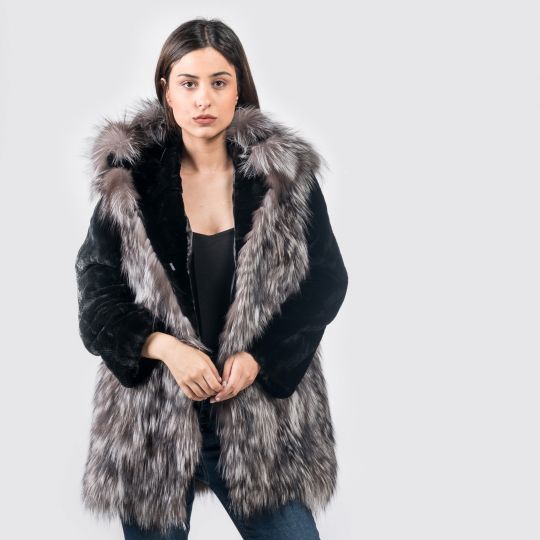 Hooded Arzante Fox Fur Jacket with Black Sheared Mink Sleeves