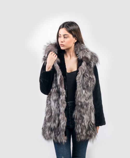 Hooded Arzante Fox Fur Jacket with Black Sheared Mink Sleeves