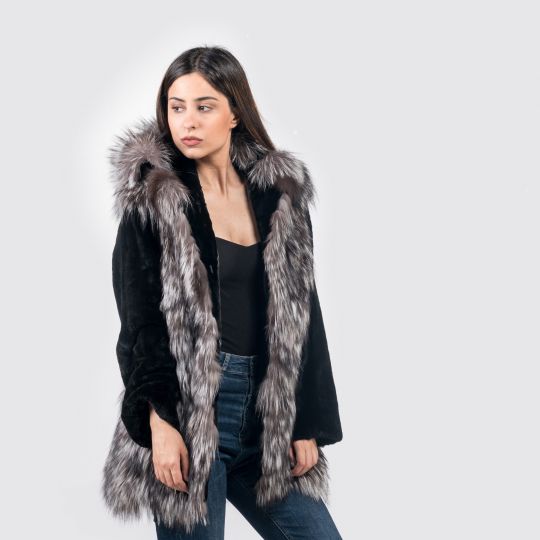 Hooded Arzante Fox Fur Jacket with Black Sheared Mink Sleeves