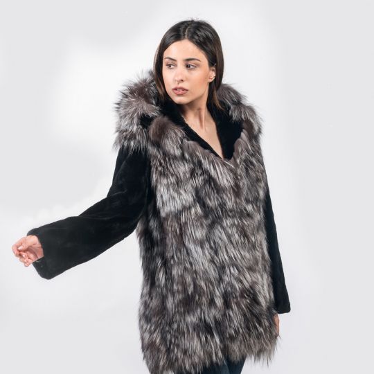 Hooded Arzante Fox Fur Jacket with Black Sheared Mink Sleeves