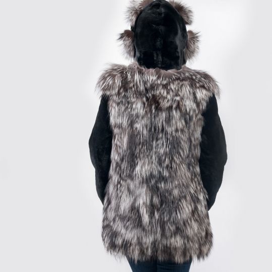 Hooded Arzante Fox Fur Jacket with Black Sheared Mink Sleeves