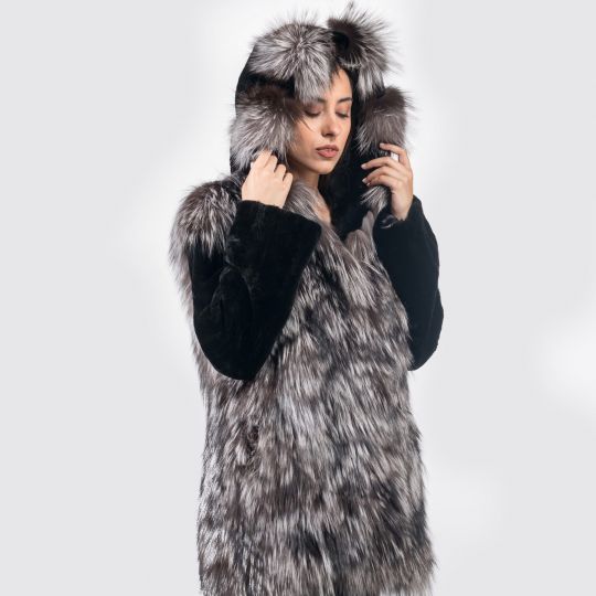 Hooded Arzante Fox Fur Jacket with Black Sheared Mink Sleeves