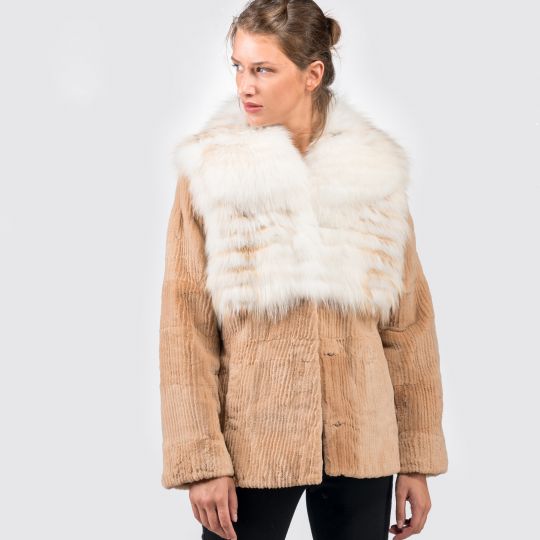 Beige Cord Samt Nerz Pelzjacke mit Arcticfuchs Besatz