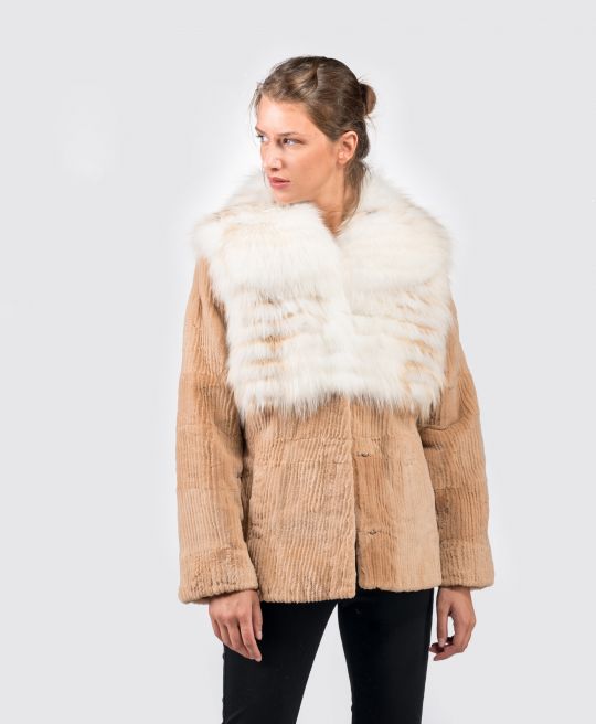 Beige Cord Samt Nerz Pelzjacke mit Arcticfuchs Besatz