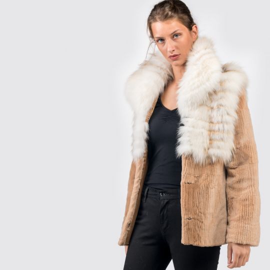 Beige Cord Samt Nerz Pelzjacke mit Arcticfuchs Besatz