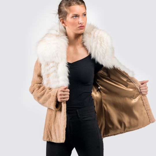 Beige Cord Samt Nerz Pelzjacke mit Arcticfuchs Besatz