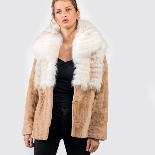 Beige Cord Samt Nerz Pelzjacke mit Arcticfuchs Besatz