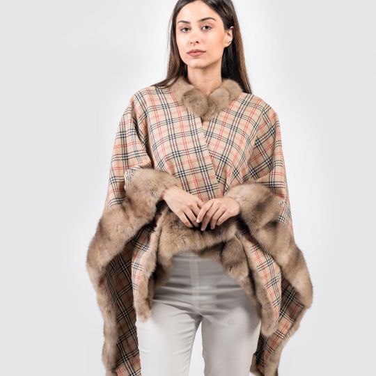 Checkered Pattern Cape with Sable Trimming