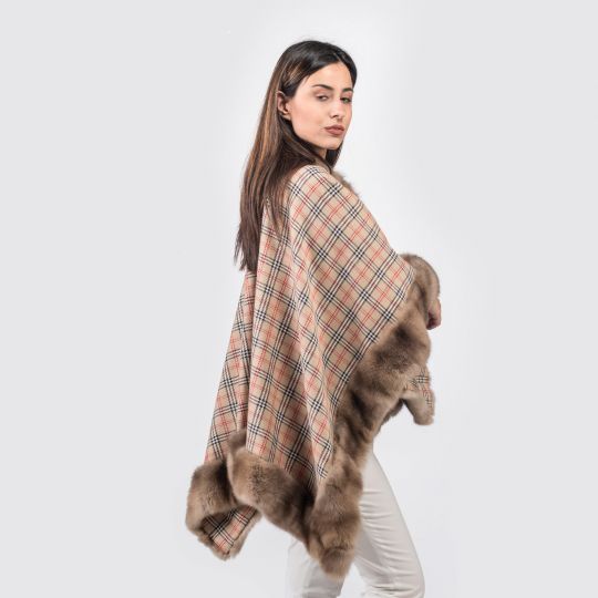 Checkered Pattern Cape with Sable Trimming