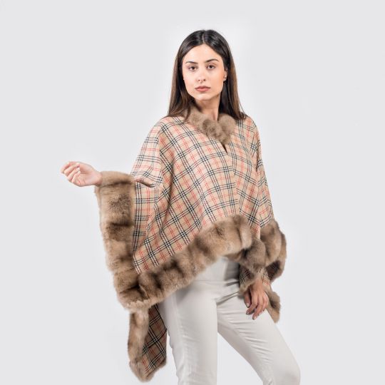 Checkered Pattern Cape with Sable Trimming