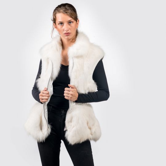 Shadow Fox Fur Vest with Leather Trim