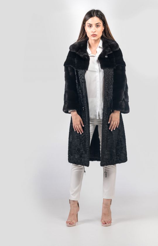 Black Astrakhan Fur Coat Upper Material Black Glama Mink