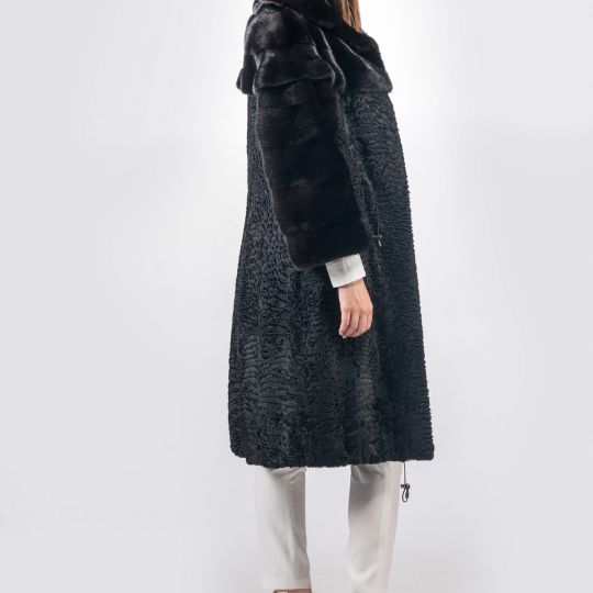 Black Astrakhan Fur Coat Upper Material Black Glama Mink