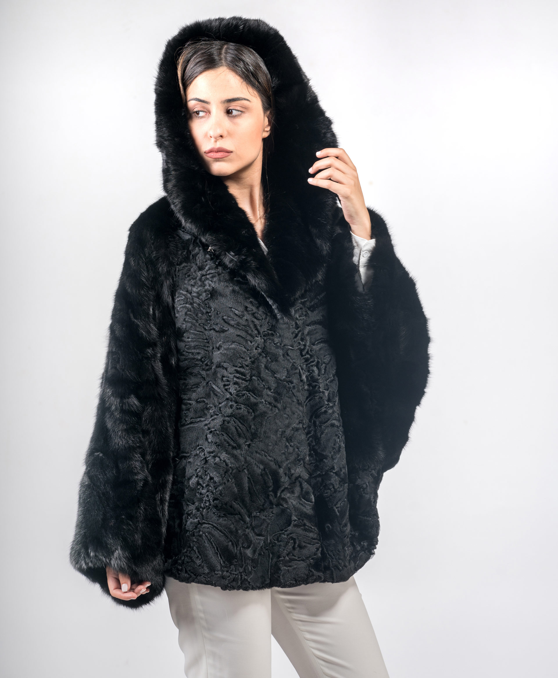 Black Hooded Astrakhan Cape - Askio Fashion
