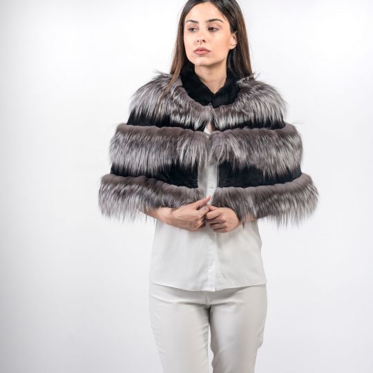 Horizontal Layer Arzante Fox Fur Stole Black Mink Trim