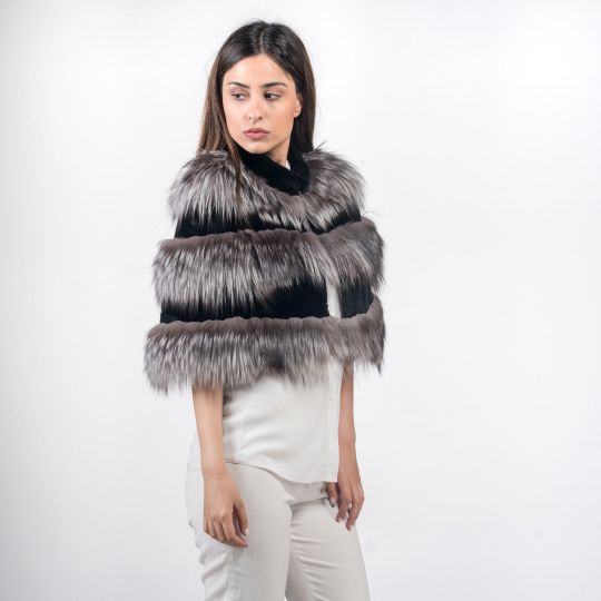 Horizontal Layer Arzante Fox Fur Stole Black Mink Trim