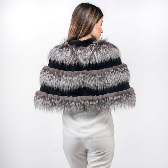 Horizontal Layer Arzante Fox Fur Stole Black Mink Trim