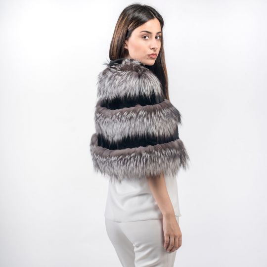 Horizontal Layer Arzante Fox Fur Stole Black Mink Trim