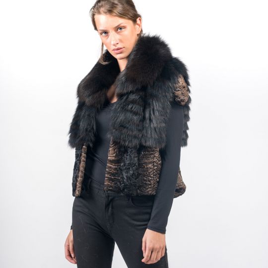 Dark Brown Frost Fox Fur Vest with Brown Astrakhan