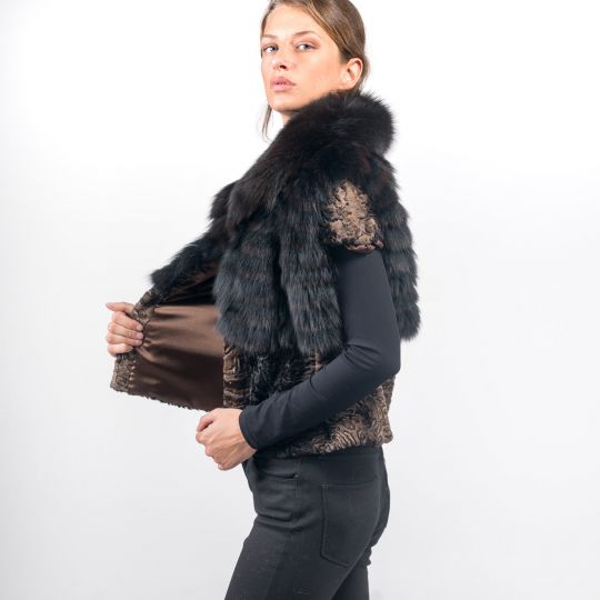 Dark Brown Frost Fox Fur Vest with Brown Astrakhan