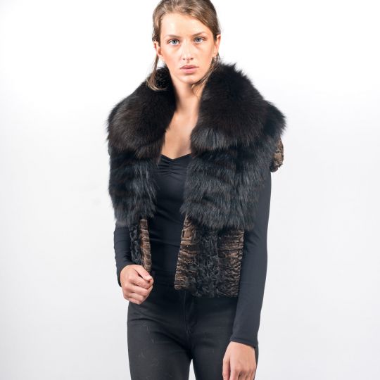 Dark Brown Frost Fox Fur Vest with Brown Astrakhan