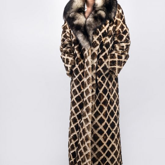 Black White Velvet Mink Fur Coat in Rhombus