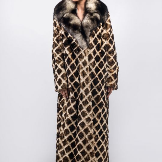 Black White Velvet Mink Fur Coat in Rhombus